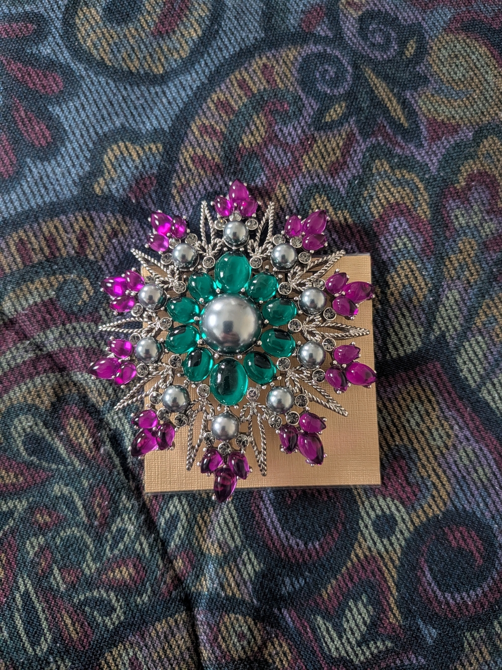 Silver-Tone Brooch with Emerald Green and Fuchsia Crystal Accents